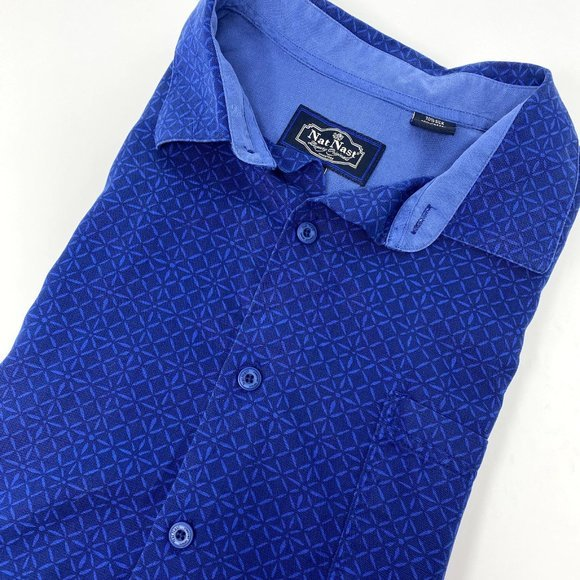 Nat Nast Mens‎ Shirt Size Large Short Sleeve Button Up Blue Silk blend - Picture 1 of 8